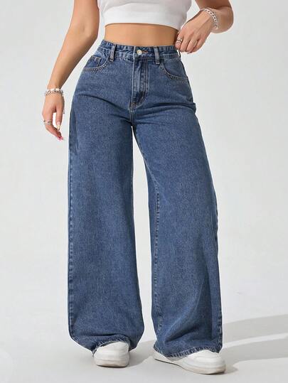 SHEIN CURVE+ Damskie jeansy w dużych rozmiarach, luźne, z prostymi nogawkami i kieszeniami bocznymi