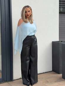 Jeta Ari 女式插肩袖不对称领修身休闲/办公风格衬衫，春夏 - 淺藍色 - 查看 4