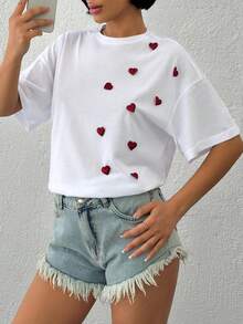 EURMUSE White Women's T-Shirt – Applique Red Hearts, Short Sleeve, 100% Cotton - White - View 5