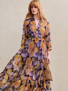 Arave 女士雪纺印花数码印花面料V领七分袖喇叭下摆休闲长裙 - 彩色 - 查看 6