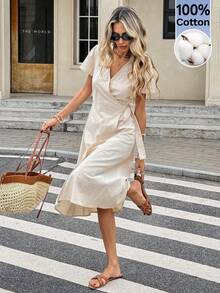 Serisse 女士休闲纯色系带中长连衣裙 - 杏色 - 查看 3