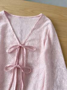 K-Vae Women's Casual Elegant Jacquard Knit Tie Cuff Flare Sleeve Top, Slimming Knit Sweater Blouse - Pink - View 4