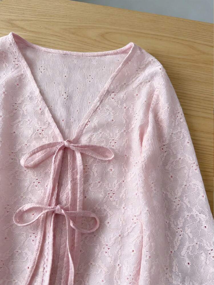 K-Vae Women's Casual Elegant Jacquard Knit Tie Cuff Flare Sleeve Top, Slimming Knit Sweater Blouse - Pink - View 4