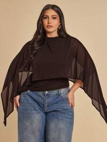 SHEIN BAE 大码女式棕色喇叭袖斗篷上衣 - 棕色 - 查看 7
