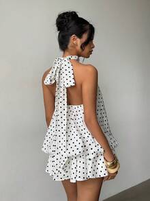 Summer Clothes Tween Girls' Fashionable Polka Dot Print Backless Short Dress Squishy Dress Polka Dot Dress - White - View 2