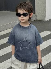 Dazy Kids Toddler Boys' Loose Casual Denim T-Shirt With Star Pattern, Summer - Medium Wash - View 6