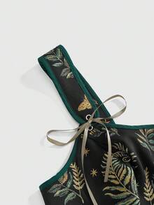 ROMWE Áo camisole dáng ôm, thắt dây, họa tiết bướm đêm, lá cây và rừng bí ẩn phong cách nhà tranh mùa xuân/hè cỡ lớn, in toàn thân theo kiểu Fairycore. - màu xanh lá - Xem 3