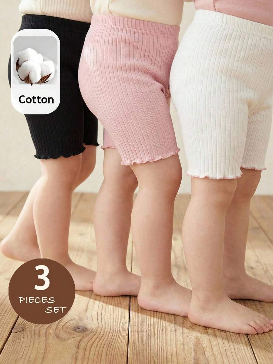 LMoss Kids 3件套女婴针织纯色荷叶边休闲裤套装 - 彩色 - 查看 1