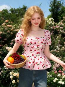 SHEIN Elegant Casual Fruit Print Long Sleeve Lightweight Top - Pink - View 5