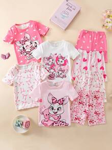 SHEIN GraphicGems 4pcs/Set Young Girl' Round Neck Short Sleeve Shorts Snug Fit Cute Rabbit, Heart, Bow Decor Soft Comfortable Pajamas, Suitable For Bestie Gift, Self-Gift - Multicolor - View 3