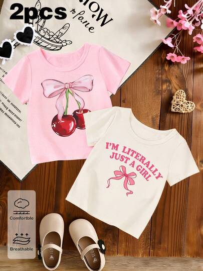2pcs Spring/Summer/Autumn Infant Girls' Casual Fashion Creative Personalized Fresh Minimalist Cute Floral Print Relaxed Fit Basic Beige Short T-Shirt, Comfortable Daily Wear