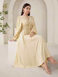 Veilorie Women's Solid Color V-Neck Lantern Sleeve Pleated Design Arabic Style Dress - Yellow - View 7