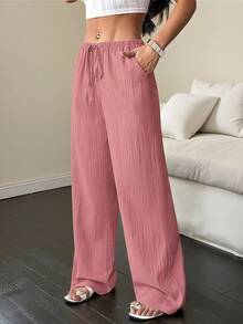 Flirla 女士纯色腰带口袋阔腿宽松休闲裤 - 珊瑚粉 - 查看 7