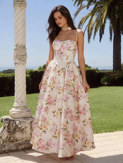 Enchnt Vestido Longo com Alças Finas Estampa Floral Tipo Linha A, Romântico para Férias de Primavera/Verão, Doce e Elegante para Dia dos Namorados, Aniversário, Festa de Feriado, Encontro Doce, Formatura, Casamento e Festas no Jardim