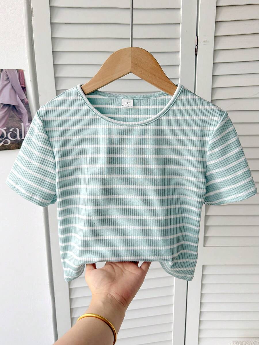 SHEIN Áo thun dệt kim cổ tròn tay ngắn kẻ sọc phối màu phong cách thường ngày cho bé gái tuổi teen - Màu xanh nhạt - Xem 1