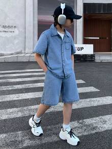 SHEIN Little Byeori 2Pcs Tween Boy Blue Denim Set,Summer Street Life Casual Graphic Street Fashion,School Back-To-School Y2k Vintage Loose Shirt And Shorts Kids Outfits - Blue - View 4