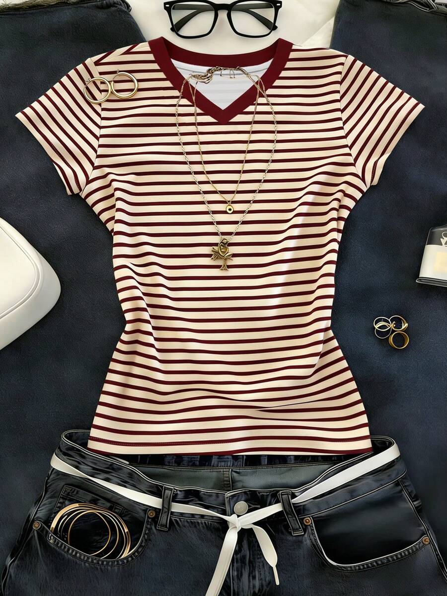 Glimmora Camiseta de manga corta casual de mujer con cuello en V y rayas, ajustada para uso diario - Multicolor - Ver 1