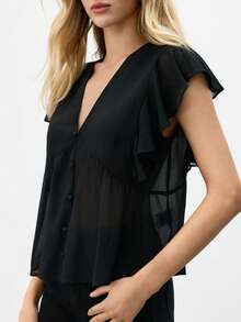 BizChic 女士V领荷叶边袖口衬衫，都市通勤办公商务休闲优雅女士正式衬衫上衣 - 黑色 - 查看 8