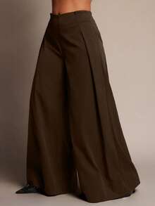 Vixey 高腰侧褶阔腿束口办公裤 - 咖啡棕 - 查看 4