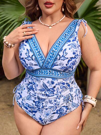 Swim Lushoire Bộ đồ bơi liền thân cỡ lớn sang trọng kiểu Pháp in họa tiết Chinoiserie mới năm 2026 | Cổ chữ V sâu, eo chéo tôn dáng | Dây rút bên hông có thể điều chỉnh giúp che khuyết điểm vòng bụng | Bikini hở lưng, độ co giãn cao, ôm sát, tạo dáng thon gọn cho kỳ nghỉ