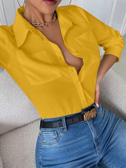 Airaco Casual Collared Pocket Fitted White Long Sleeve Women Shirt, Yellow Top Fall Cloth For Women