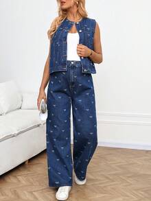 SHEIN Maternity Fashionable Bowknot Tank Top & Denim Pants 2 Pieces Set - Blue - View 5
