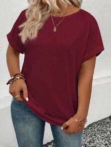 EMERY ROSE Plus Size Women Summer Loose Casual Round Neck T-Shirt - Burgundy - View 4