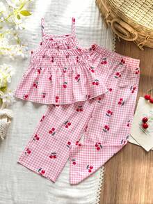 SHEIN Vintaside Kids 女童蓝白格子印花无袖上衣和配套长裤两件套，修身版型，适合外出、休闲、运动、派对等场合。 - 粉色 - 查看 3