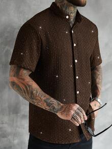 SLATEMANN Men's Casual Fashion Party Rhinestone Textured Fabric Short Sleeve Shirt, Summer - Coffee Brown - View 5