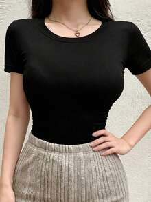 DAZY Women's Solid Color Round Neck Short Sleeve Casual Versatile T-Shirt Summer - Black - View 3