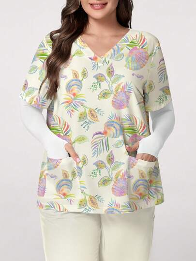 PopScrub Áo đồng phục y tá cho con bú tay ngắn cổ chữ V in họa tiết vỏ sò và lá cọ nhiều màu sắc, có túi và quai đeo tai, cỡ lớn, thích hợp cho mùa xuân/hè, đi biển và mặc hàng ngày.