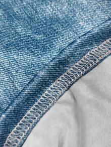 Ladies' Denim Effect Printed Patchwork Round-Neck Long-Sleeved Casual Loose T-Shirt And Shorts Set, Suitable For Summer, Casual And Versatile Style, Fashion , Stylish Set, Beautiful Set, Gift For Siblings, Gift For Sisters, Gift For Mom, Mother's Day Gift, Casual Yet Fashionable Set - White - View 5