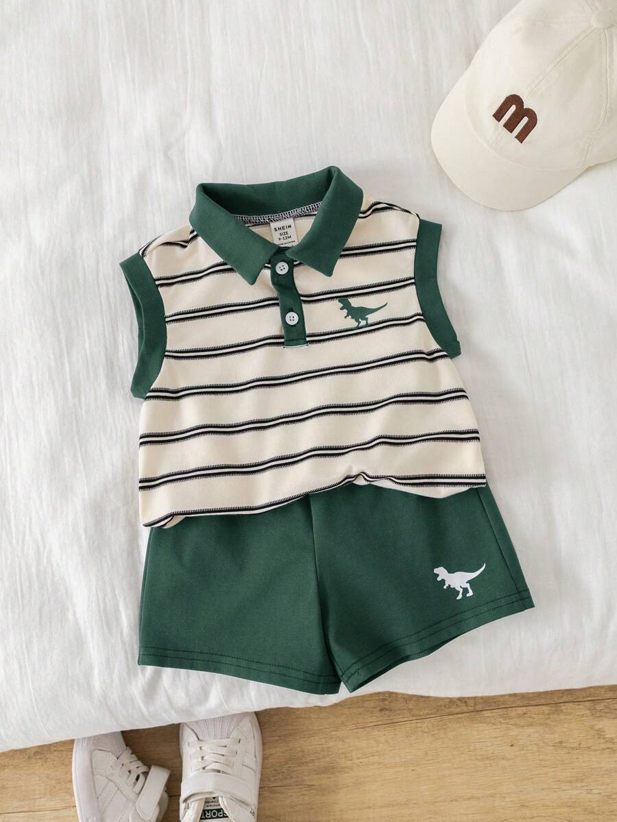 SHEIN 2件套婴儿男女童休闲可爱条纹撞色无袖Polo衫背心短裤套装,春夏婴儿服装套装 - 彩色 - 查看 1