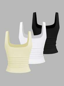 Sweetra Women's Casual Pleated Square Neck Camisole, Summer - Multicolor - View 2