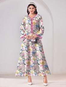 Al Najma Đầm Ả Rập dáng rộng, thanh lịch, cổ chữ V, tay loe, in hoa, kiểu dáng kín đáo, thích hợp cho kỳ nghỉ. - Nhiều màu - Xem 4