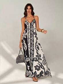 SHEIN Tall Đầm maxi nữ mùa hè kiểu dáng thoải mái, dây mảnh, họa tiết hoa và cây dừa phong cách nhiệt đới boho, in hình hoa và dừa, thích hợp cho kỳ nghỉ. - Nhiều màu - Xem 6