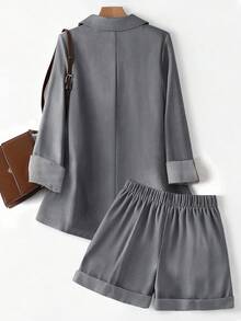 GlowEve CURVE Plus Size Women's Striped Patchwork Business Blazer Jacket + Loose Casual Chic Commuter Shorts Set, Spring/Autumn - Grey - View 2