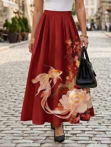 GlowEve CURVE Váy chữ A dệt kim kiểu Trung Quốc phối màu tương phản họa tiết hoa nhí dành cho nữ cỡ lớn - Đỏ - Xem 5