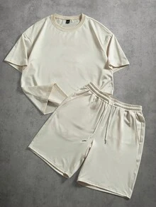 PAVTROS Men's Round Neck Short Sleeve Fashionable Summer Casual T-Shirt Set Men 2 Pieces Short Set Casual Graphic Letter Print Set Men Love Is Everywhere Print Set Men's Casual Short Outfits Short Sleeve T Shirt And Shorts Set Camo - Beige - View 4