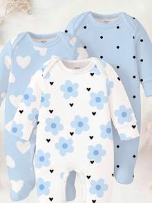 SHEIN 【随机3套，送1套】可爱爱心印花、艺术花卉印花、蓝色波点印花，新生儿连体衣，舒适便捷，春夏柔软休闲睡衣套装，让宝宝看起来可爱活泼，面料柔软舒适。 - 彩色 - 查看 5