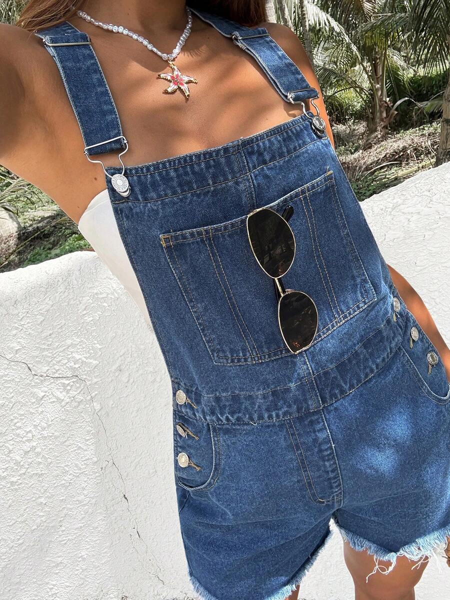 Rivivi Mono vaquero sin mangas con dobladillo deshilachado y bolsillos para mujer, uso versátil para el verano - Lavado ligero - Ver 1