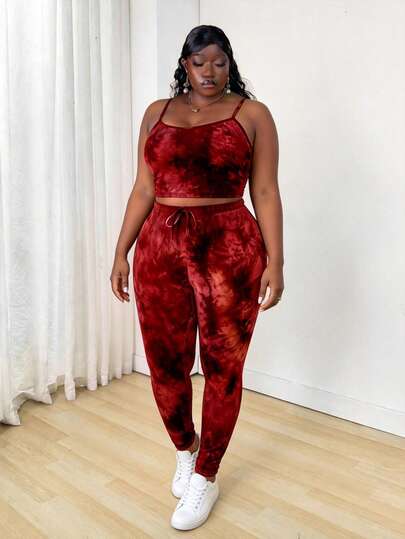 CurvyTilda Bộ 2 món áo hai dây và quần dài nhuộm màu tie-dye cỡ lớn (màu nhuộm ngẫu nhiên)