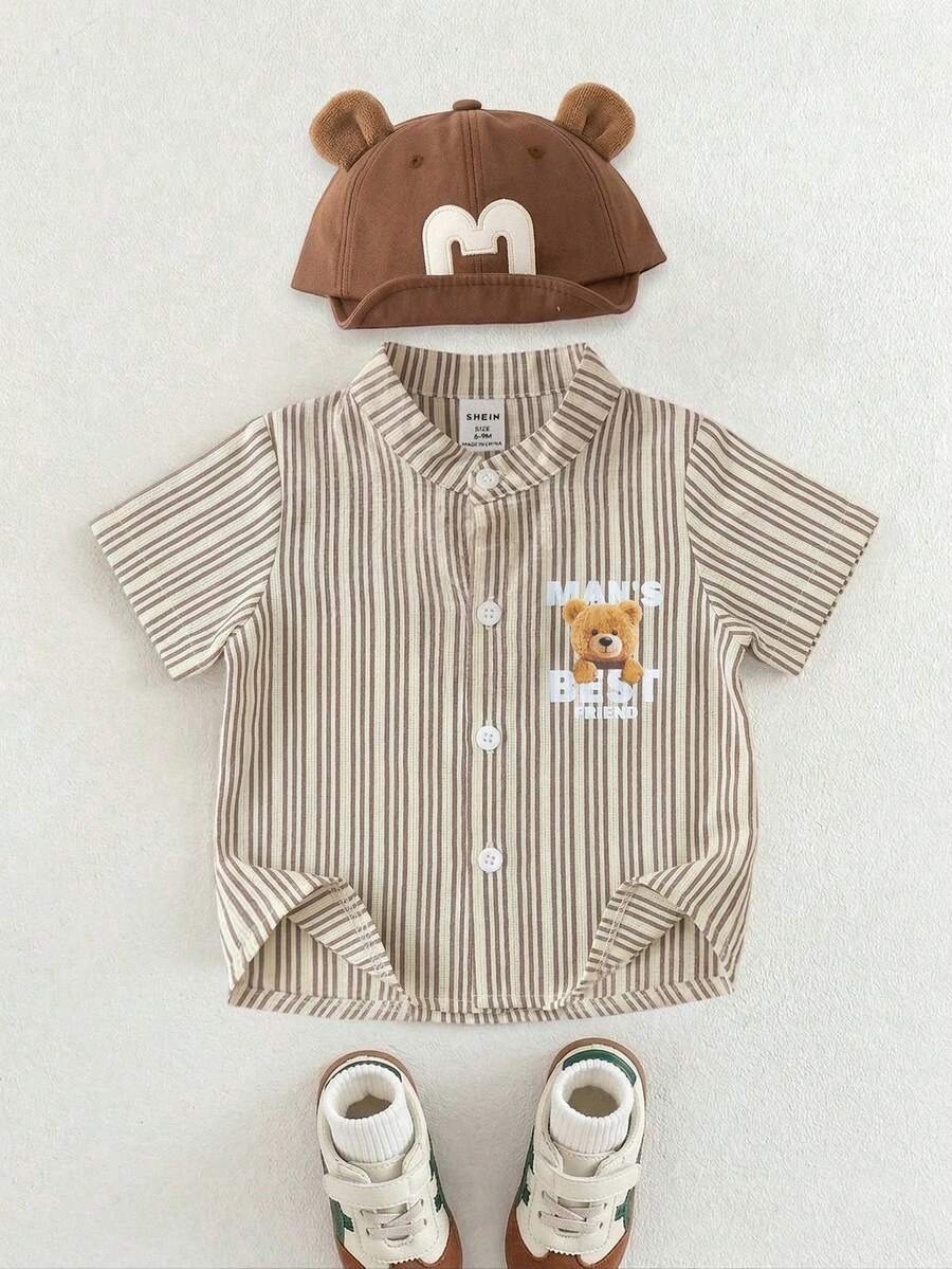 6-36个月婴幼儿男女通用卡其色条纹小熊印花短袖衬衫，男婴/女婴休闲夏季服装 - 卡其色 - 查看 1