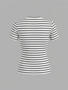 SHEIN EZwear 3件組女款休閒極簡風95%棉圓領修身長袖T恤，94%棉條紋，休閒，夏季，休閒，Y2k - 彩色 - 查看 8