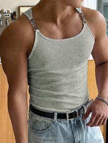 Manfinity Dauomo 男士修身舒适透气金属肩带背心，夏季 - 淺灰色 - 查看 3