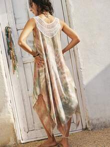 SoleilVie Women's Bohemian Tie-Dye Sleeveless Dress, Hollow Neckline Asymmetrical Hem Loose Casual Sleeveless Asymmetrical Hem Vacation Dress - Multicolor - View 2