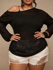 SHEIN CURVE+ Plus Size Casual Asymmetrical Shoulder Knit Top, Versatile All-Match T-Shirt For Autumn/Winter - Black - View 5