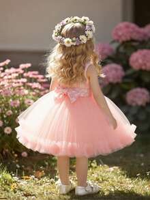 Glamorique Kids Baby Girls Tulle Mesh Formal Dress, Elegant Suitable For Birthday Party, Evening Event, Wedding, Christening, 1st Birthday - Pink - View 5