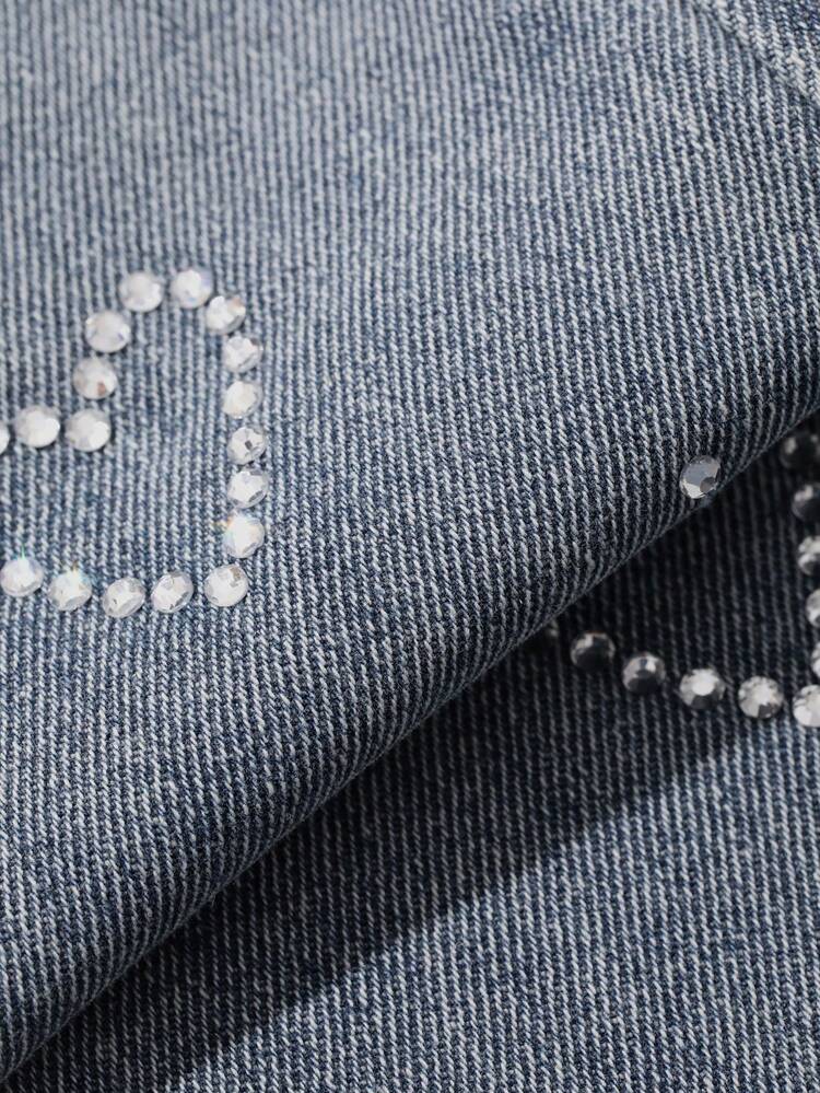 Women's Vintage Washed Denim Shorts With Heart Print, Rhinestone Decor, Casual Beach Vacation Street Style, Spring/Summer