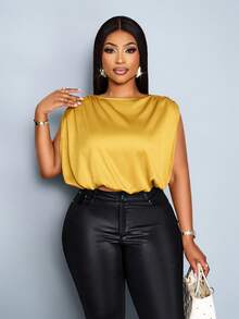 SOLERSUN Women's Plus Size Spring Summer Fashion Solid Color Elegant Casual Simple Daily Wear Ruched Sleeveless Satin Shirt Casual Daily Wear Women Blouse - Yellow - View 6